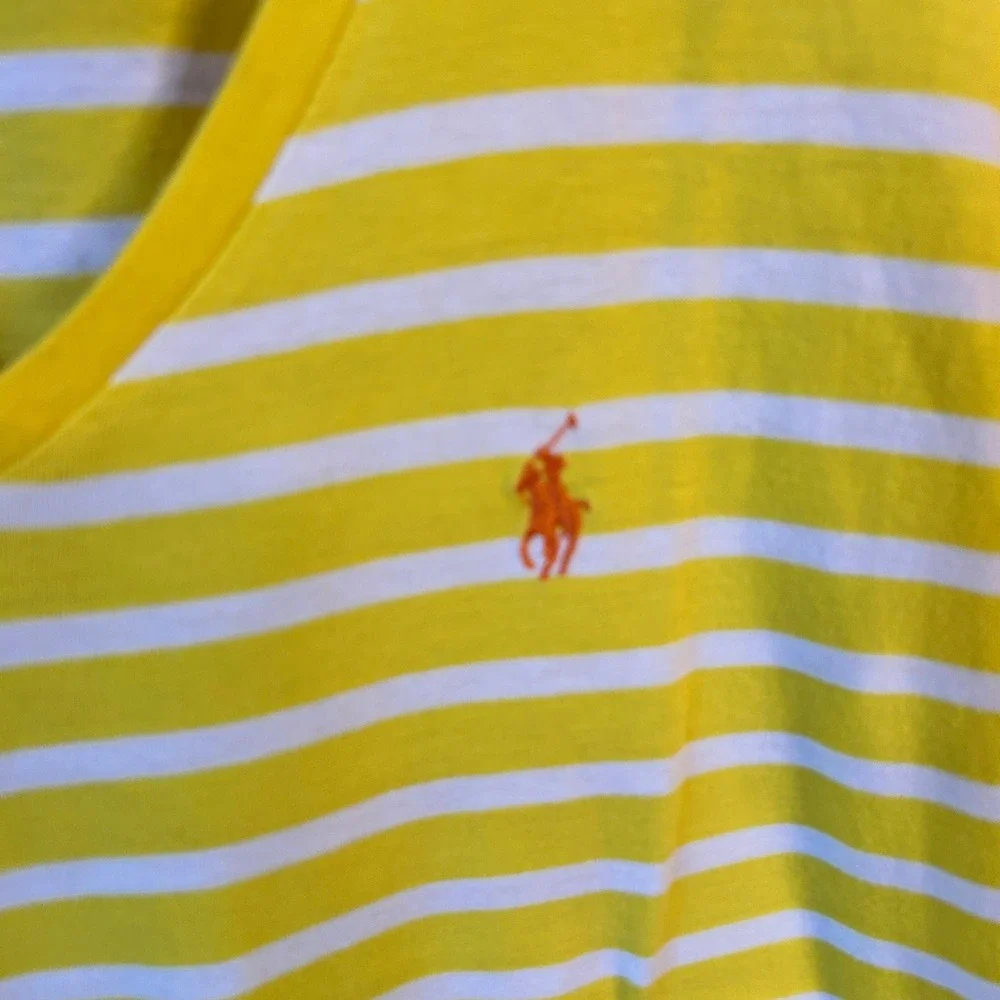 Ralph Lauren Womens T Shirt Large Yellow White Striped V Neck Pony Logo - Picture 3 of 6